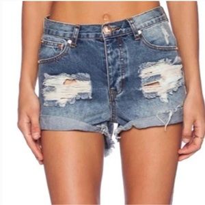 ONE TEASPOON medium wash high rise distressed Hawks denim shorts 27